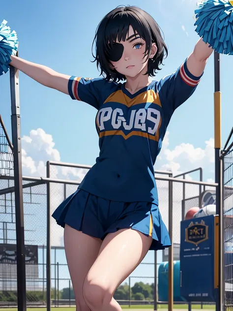 1woman, as a cheerleader, wearing a cheerleader outfit , at a playground , black short hair, blue eyes, eye patch on right eye, ...