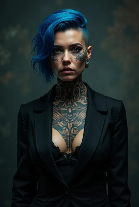 Tattooed brunette woman with blue mid-fade haircut with tattoos on a dark and sad background with a hate expression on her face. The tattoos are quite scary and with black ink without color. Her skin is brown. Add dark and elegant clothes . Put on an elega...