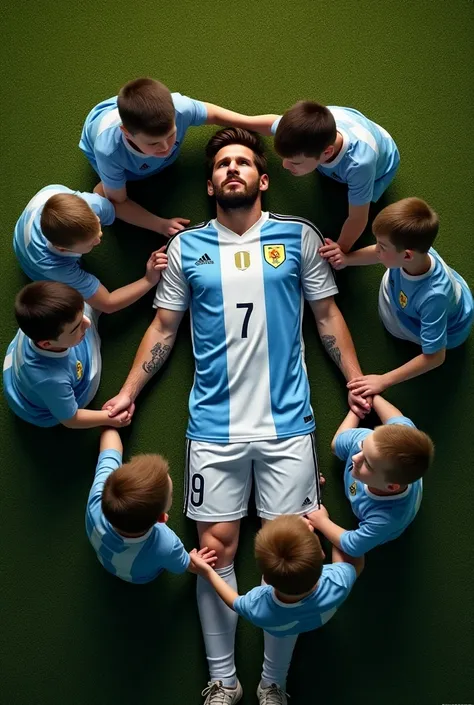 Messi on his back with the Argentine jersey with 7 boys holding hands 