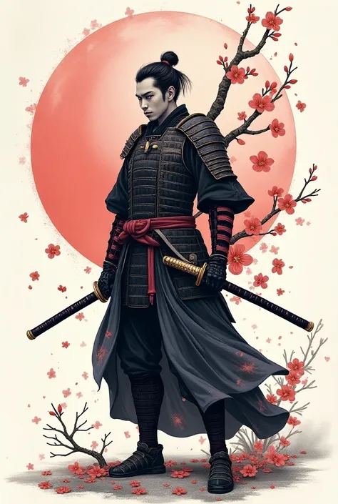  make a drawing of a samurai wielding his sword that is covered in cherry blossoms and close to his temple, Make a drawing possible for tattooing 