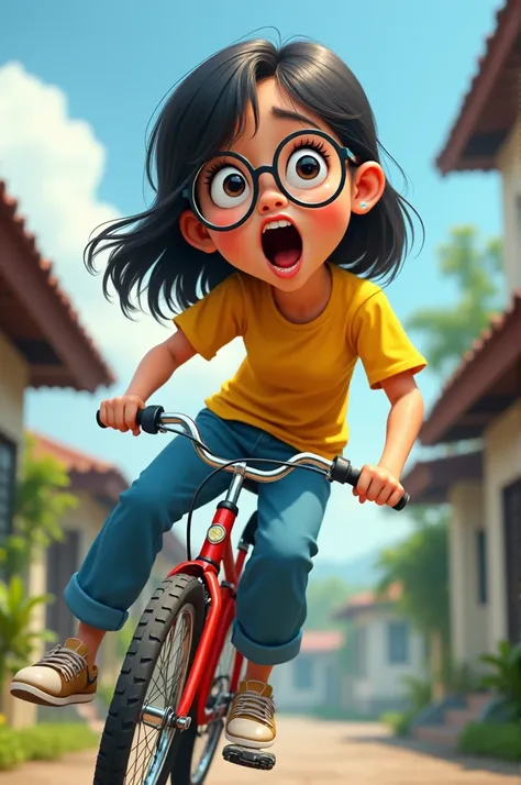 Caricature 4D,  little Indonesian girl , falling off bike ,  using yellow color shirt with long jeans and using glasses ,  home background , realistic, 8K, FOCUS