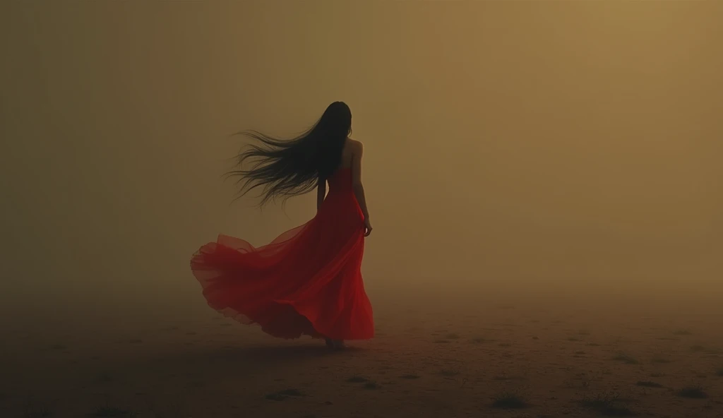 girl with long black hair, wearing a red dress walking in the distant light of the A brown space with dim light and a bit of fog suddenly appeared