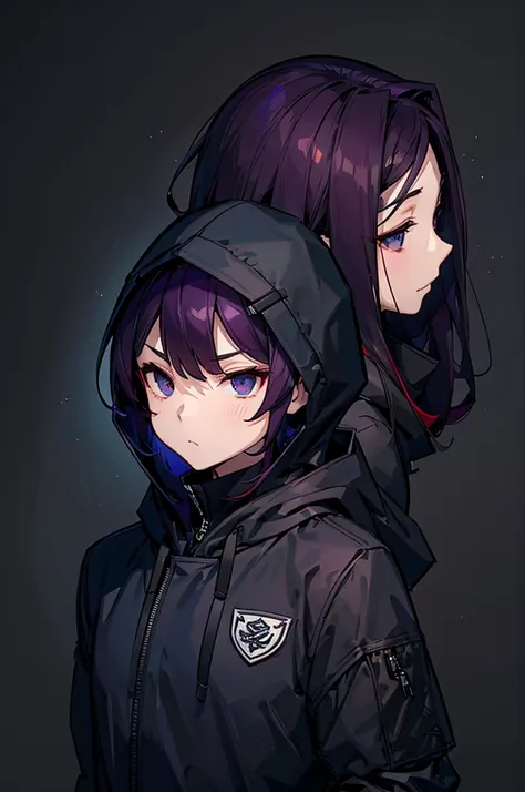 black background with spotlights, hooded、 burgundy hair ,blue-black eyes、gender: male、1 person（wear thin sunglasses）sketch ( cha...