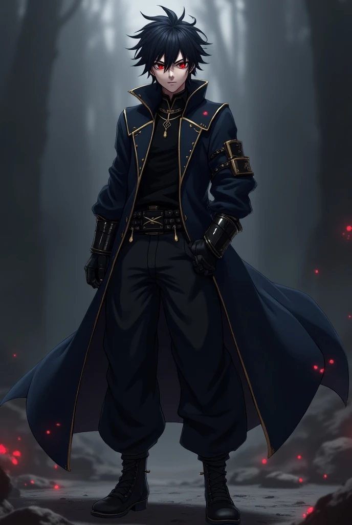  Antagonist 21 year old anime boy wearing a navy blue tunic with black pika details on a black shirt with pieces of black armor with gold edges, dark long pants and black boots black gloves with obsidian metal tip and black eye and thin red eye 