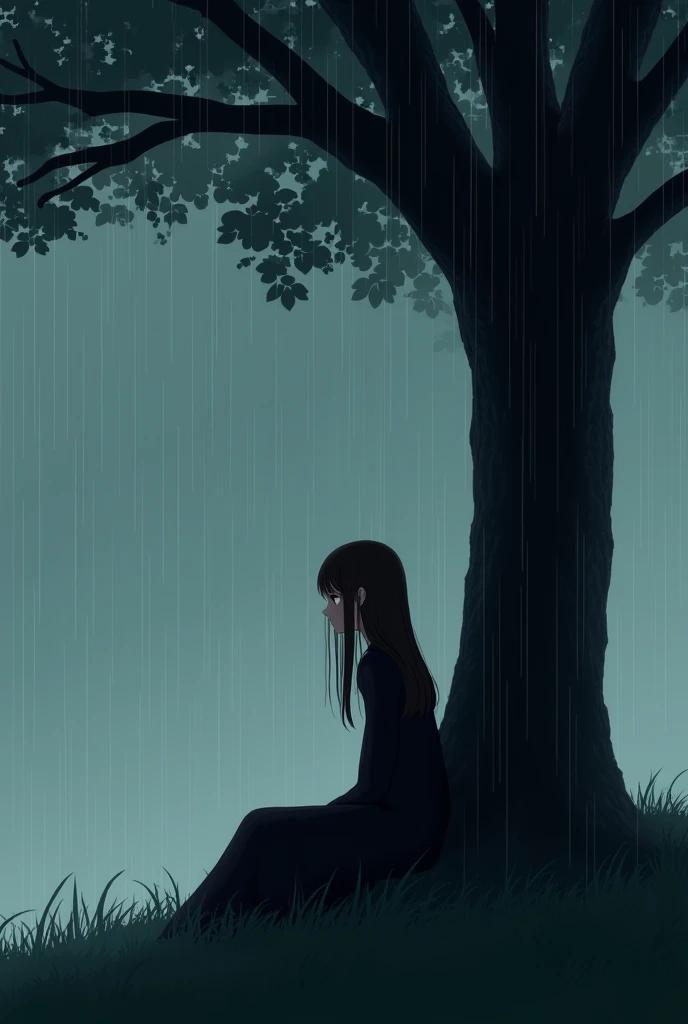 Eighteen-year-old girl ,  dark brown hair, long straight, dull brown eyes ,  wears a long black dress ,  is sitting under a tree while its raining looking up at the sky with a sad look, Off .

With the animation of Tokyo Revengers  