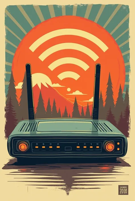 make me a logo vector with a retro poster reference, with a picture of a 2 wifi network router in the middle