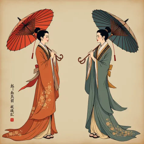 Beautiful women with umbrellas in the ancient Song Dynasty