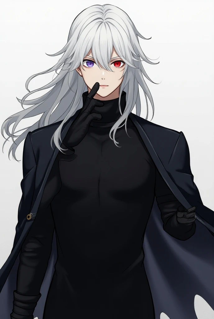  white-haired, wavy hair, medium hair, strong, defined body, anime,  bands on arms and hands , white man,  loose hair Griffith style, mostly black,  black clothes, black gloves, long black clothes,  Heterochromia, Purple Left Eye , red right eye,  Guts Ber...