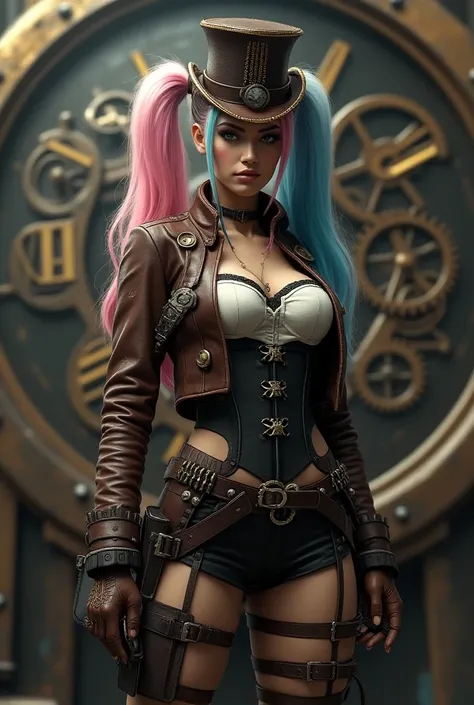  Create an image high quality Steampunk style ,  The Harlequin , DC character, with a face with ultra realistic definition ,  with its long hair divided into two ponytails, one end painted pink and the other end painted blue ,  in a setting where there is ...