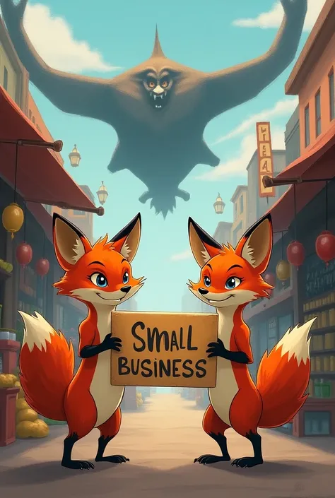  Promote Small Business Label ，Two Foxes 「Block 」 Market Enterprise Monopoly Above ，Exquisite Vivid Illustration of Disney Painting， Please do not label Disney 