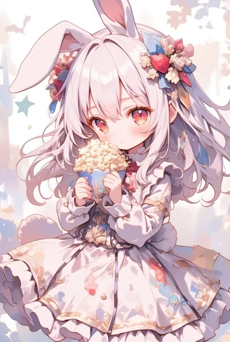 1 ( chibi,[,,kawaii,small ,Age of 10  , long hair,fringe,ear(fofinho white bunny-ear), red eye ,big eye, bright and beautiful eye , white skin color ,big cabelo pretobow,ruffled dress:1.3,[chest, white rabbit tail on the tailbone,holding popcorn ,from the ...