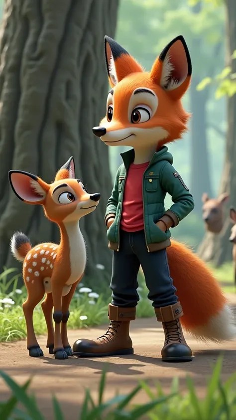 Stylized animated scene,In the open forest, the fox is wearing a red shirt and black half pants, and the deer are walking while talking, the deer is a little worried.