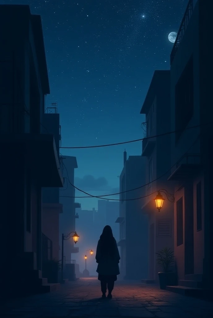 “Create cover art for a song titled ‘Sari Raat,’ which translates to ‘All Night.’ The design should capture the mood of a reflective and immersive night. Consider a scene with a quiet, dimly lit cityscape at night, with a single warm light glowing from a w...