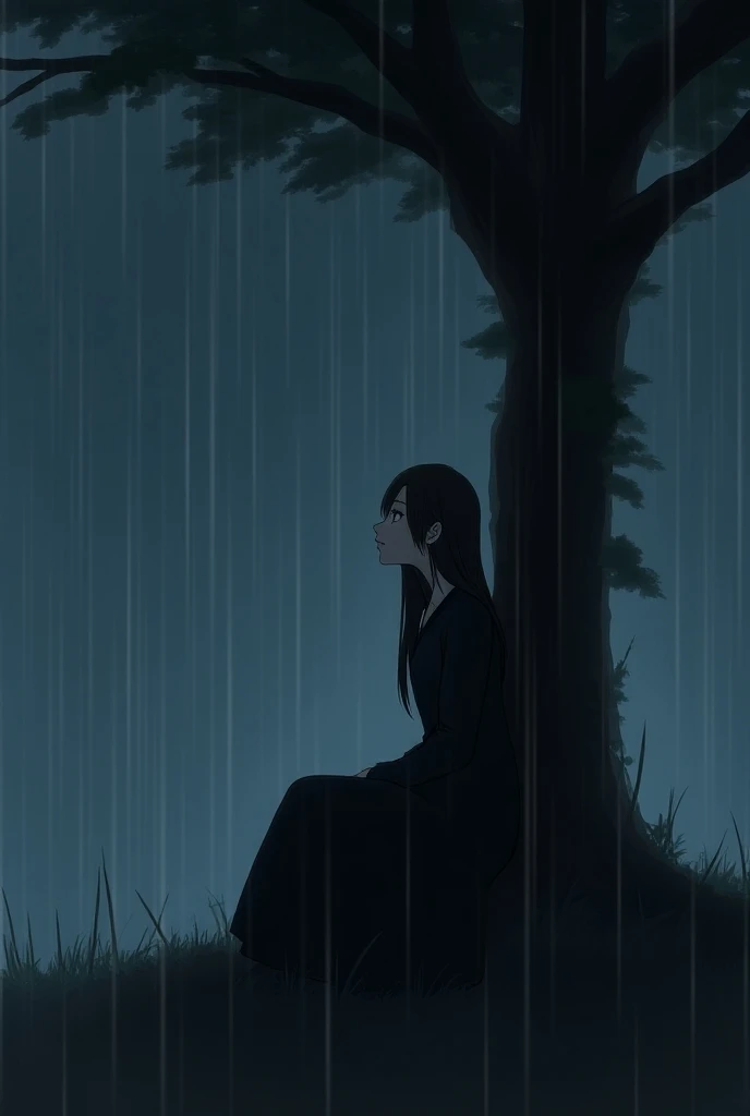 Eighteen-year-old girl ,  dark brown hair, long straight, dull brown eyes ,  wears a long black dress ,  is sitting under a tree while its raining looking up at the sky with a sad look, Off .

With the animation of Tokyo Revengers  