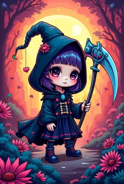 chibi grim reaper, vibrant colors, digital poster art, 1 girl, death, scythe, cute, cartoon, kawaii, colorful, psychedelic, surreal, pop art, abstract, digital painting, concept art, illustration, intricate details, ornate, masterpiece, best quality, 8k, h...