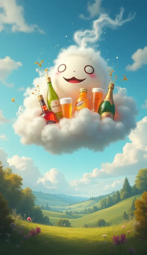 Imagine a cloud on Earth containing realistic Disney-style alcohol