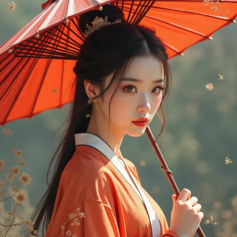 Beautiful women with umbrellas in the ancient Song Dynasty，Beautiful woman looking ahead