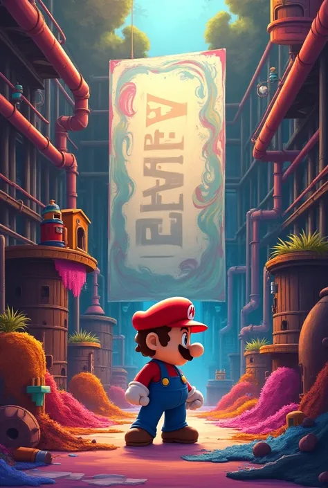 
Super Mario in a color factory with a poster written: “Here at Sensient, work is necessary., safety is important and life is essential” in Portuguese.