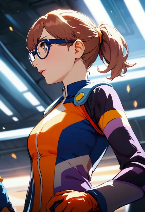 Girl, octopus power, Hero uniform, Glasses Hero, short hair ponytail, Hero Suit orange