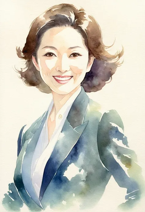 Watercolor illustration of Ayano Fujisaki, a 48-year-old Japanese woman with a round face, radiant, toned skin, and expressive brown eyes, portrayed as a confident female spy. She is dressed in a sleek, stylish outfit that suggests her role as a mysterious...