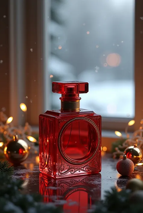 Dark red art deco perfume bottle ornated with art deco ornaments on the art deco table with Christmas decoration watching the snowy day.