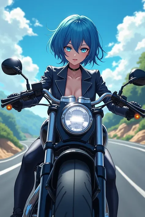 anime, Beautiful woman,  short blue hair,  bright blue eyes,  riding a gang bike, Road background . black helmet.