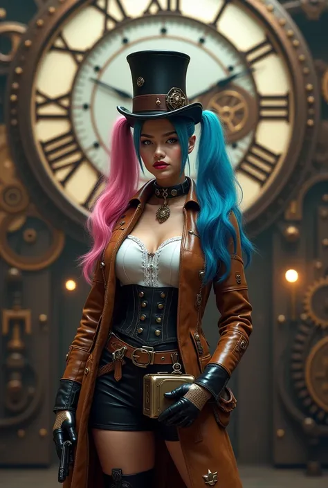  Create an image high quality Steampunk style ,  The Harlequin , DC character, with a face with ultra realistic definition ,  with her long hair divided into two ponytails, one end painted pink and the other end painted blue ,  in a setting where there is ...