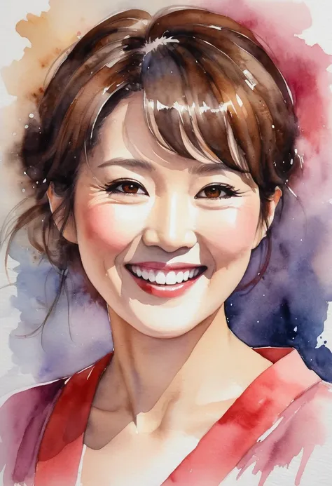 Watercolor painting of Ayano Fujisaki, a 48-year-old Japanese woman with a round face, radiant skin, and subtle laughter lines, captured in a charming yet seductive smile. She is dressed as a confident female spy, exuding both elegance and strength. Her br...