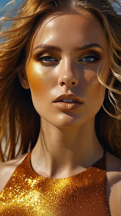 close-up photo of a woman, in the style of igor zenin, dark amber and gold, beach portraits, ultra-realistic, david nordahl, fairycore, explosive pigmentation