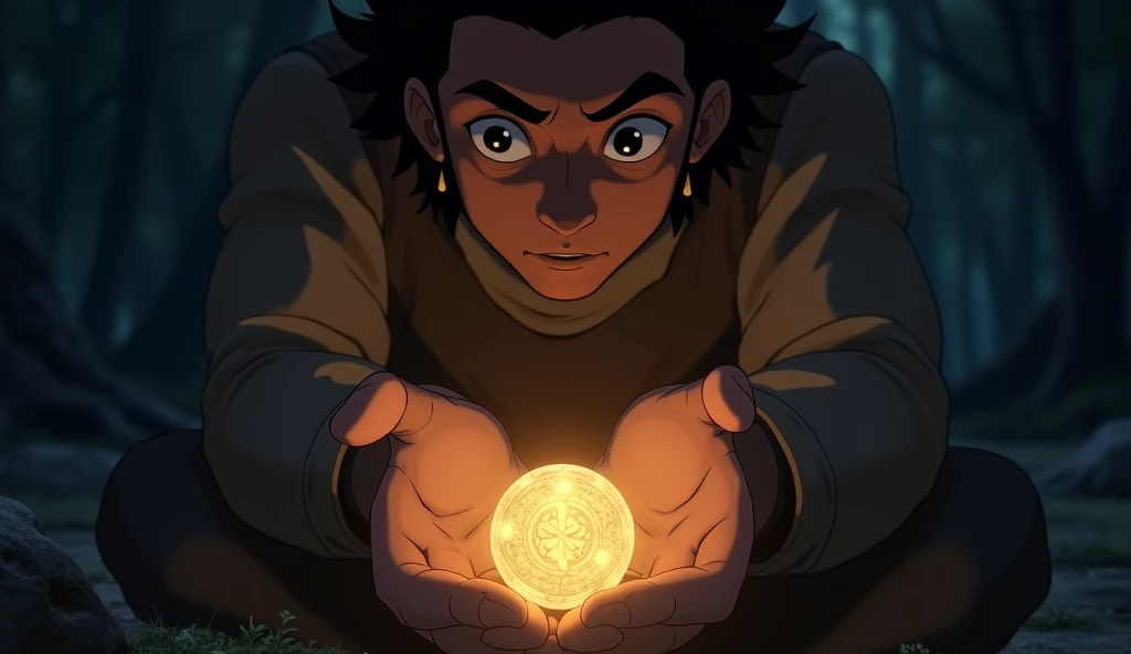 Visual Prompt:**  
   The camera focuses on Arjun’s hands as he slowly reaches down to pick up the **glowing stone**. As his fingers touch it, the light from the stone intensifies, casting a **soft, warm glow** on his face. The camera captures the stone in...