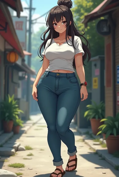 Anime girl in jeans t-shirt large booty and large breasts, hair bun, sandals 