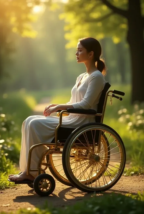 Wheelchair with golden wheels that go around with a woman seated 
