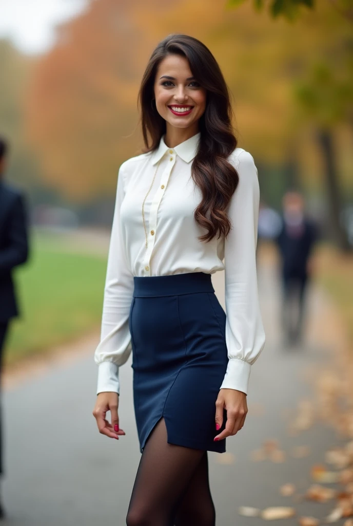 beautiful fit athletic tanned European woman, age 23, white long angel sleeve peter pan collar blouse, navy blue gored skirt, black opaque tights, standing on a busy park, long length brunette hair, full body view, hourglass figure, red lipstick, red nail ...