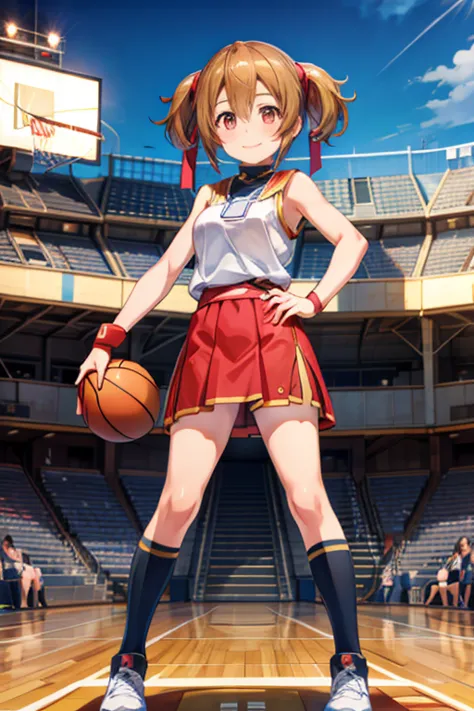 silica (sao), 1girl, standing, basketball uniform, at a basketball court, smile,  accurate, masterpiece, solo, anatomically corr...