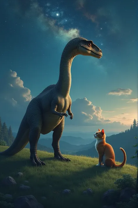 A dinosaur and a cat facing each other on a grassy hill under a starry night sky, with the Milky Way visible in the background, creating a peaceful scene."
