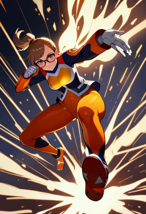 Girl, octopus power, Hero uniform, Glasses Hero, short hair ponytail, Hero Suit orange, full body 