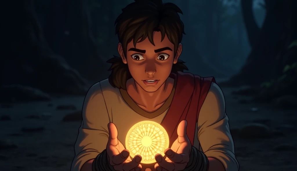 Visual Prompt:**  
   The camera focuses on Arjun’s hands as he slowly reaches down to pick up the **glowing stone**. As his fingers touch it, the light from the stone intensifies, casting a **soft, warm glow** on his face. The camera captures the stone in...