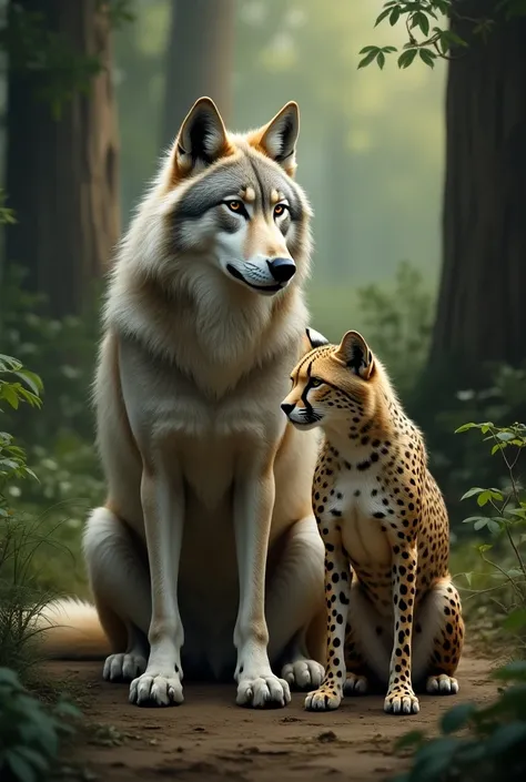 Wolf sitting near cheetah 