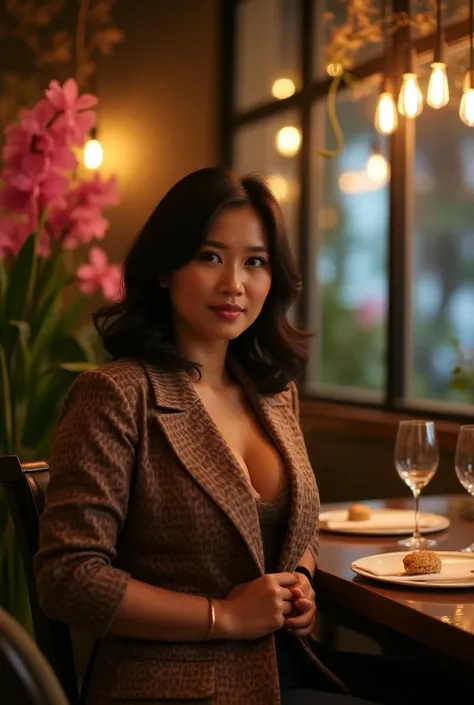  Make me a photo of a slightly filled indonesian woman in a dining place there are flower decorations and light bulbs The photo quality focuses on the woman wearing a jacket, Elegant style  , hd photo quality  ,  clear high kuliatas 