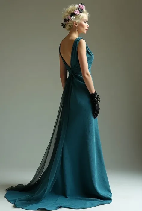  Simple and elegant bohemian style wedding dress inspired by Lady Gaga with a straight cut , closed back,  comfortable covered and flexible made of cyan-colored corduroy fabric with a long layer of black silk on the back,  a cyan-colored veil and black mit...