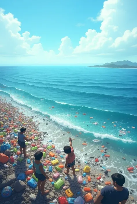 A picture of people throwing a lot of plastic waste into the ocean