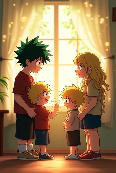 Characters of mha :  Deku and Bakugo happy together with their new family that they created ,  I want to see their young ren with traits and characteristics of their parents Osea de Deku and Bakugo 
