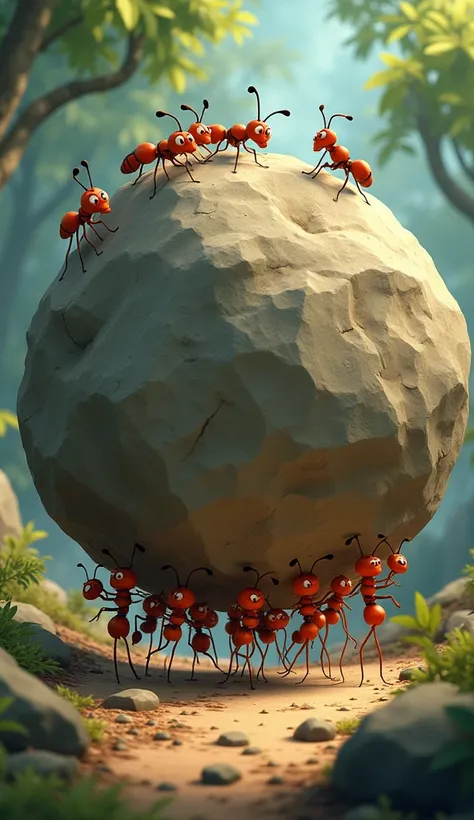 Imagine ants carrying a realistic Disney-style giant rock