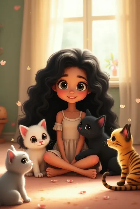  Pixar Disney style with long black curly hair with Siamese kittens white kitten tiger kitten black kitten yellow kitten 