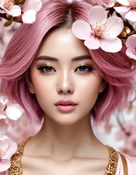 gadis cantik dengan wajah berhias rangkaian flower sakura dengan perpaduan elemen logam dan flower yang sedang mekar.  The color palette consists of soft pink shades and rich gold ,  creates a luxurious and elegant aesthetic .  has its artistic composition...