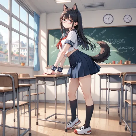 Black Hair, long hair,Glasses,Dog ears,Dog tail,Beastman. sailor suit,classroom, blackboard ,graffiti