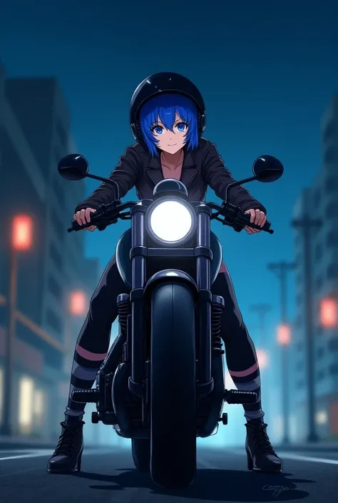 anime, Beautiful woman,  short blue hair,  bright blue eyes,  riding a gang bike, Road background . black helmet. night