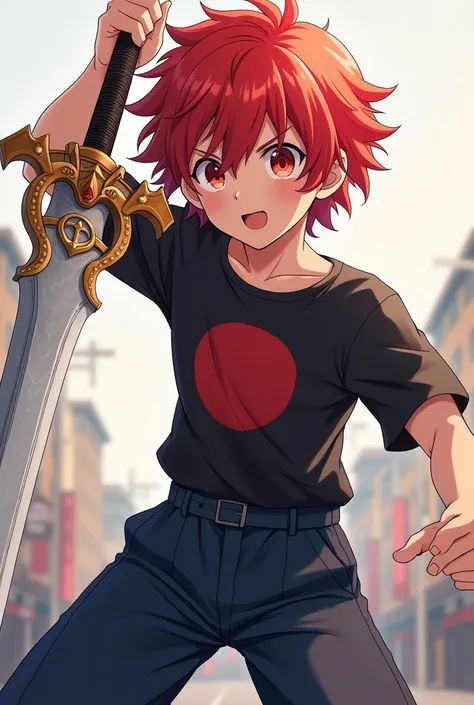 A 16-year-old, somewhat sucked red-haired boy came with curled locks with reddish pupils, with a black shirt and a red circle in the center, with wide medium navy blue pants to tie and that he has a wide sword and that that sword has a circle on the blade ...