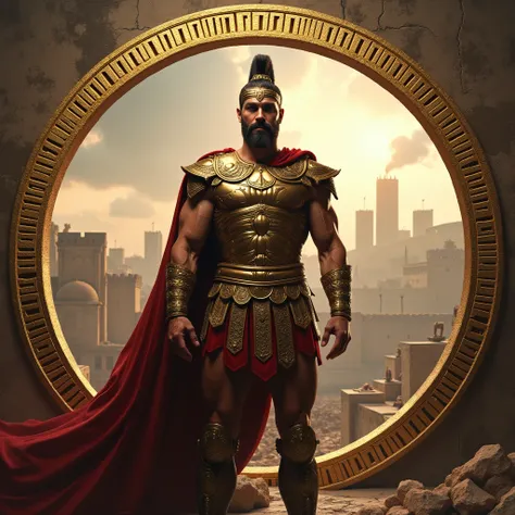 Ajax Telamon coming to Troy to fight, with a circular gold frame and Greek letters  (ultra-realistic image)