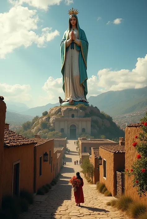 A hyper-realistic image of a breathtakingly detailed statue of the Virgin of Guadalupe, positioned on top of a hill with monumental scale, clearly visible from a rustic village below. The statues intricate textures and realistic finish give it a commanding...